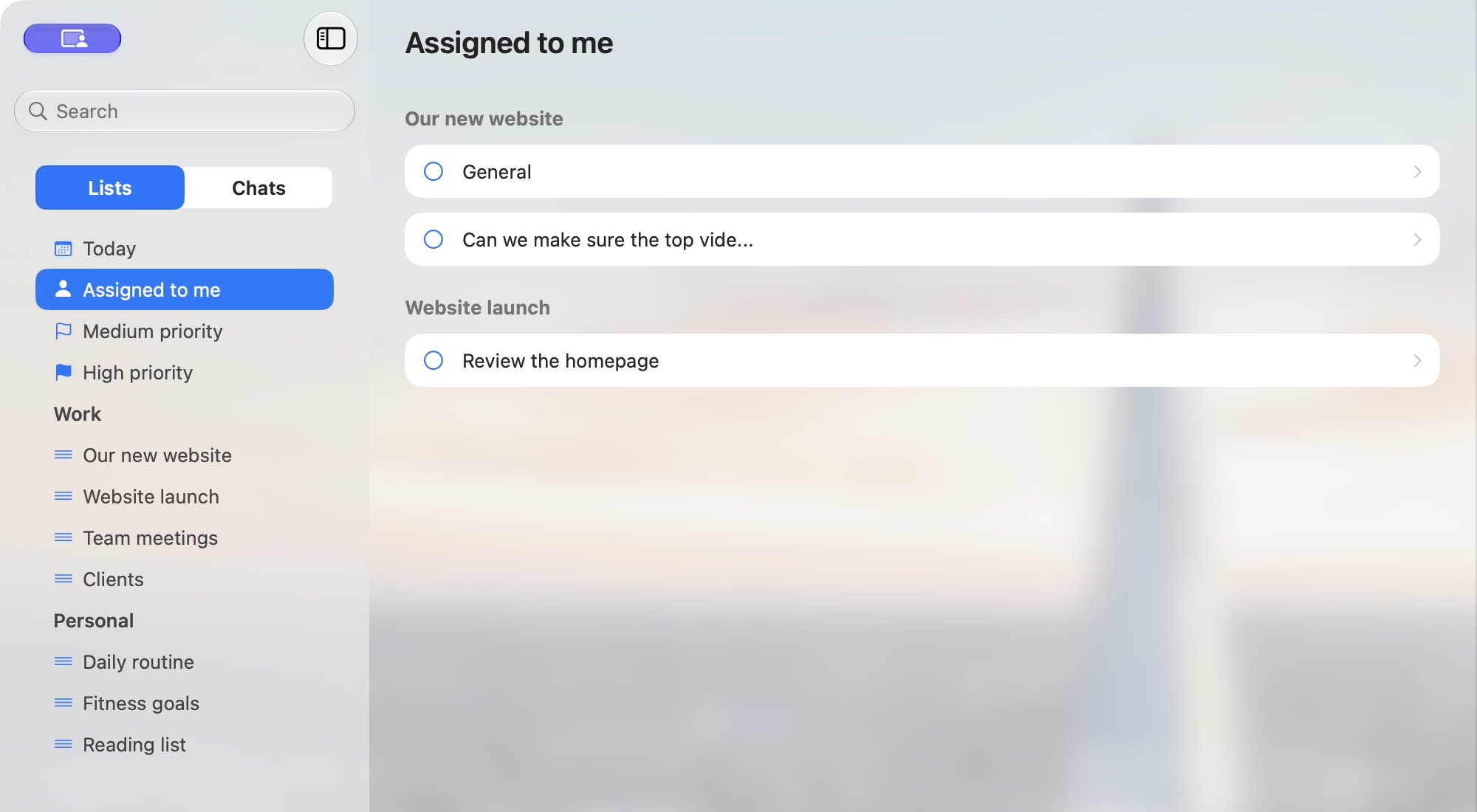 Assigned to me showing tasks from Our new website and Website launch, including Review the homepage.