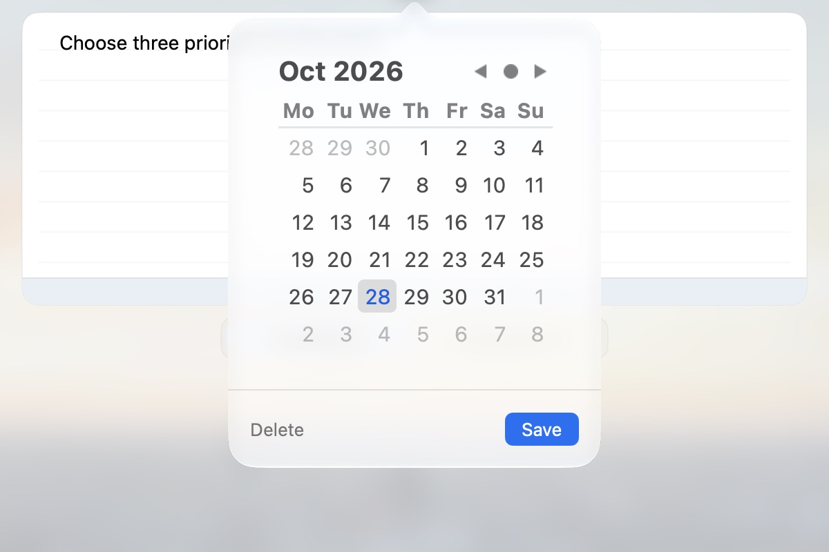 The due-date calendar with month arrows, Delete and Save.