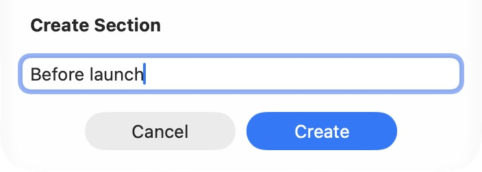 Create Section dialog with Before launch entered and the caret after the text.
