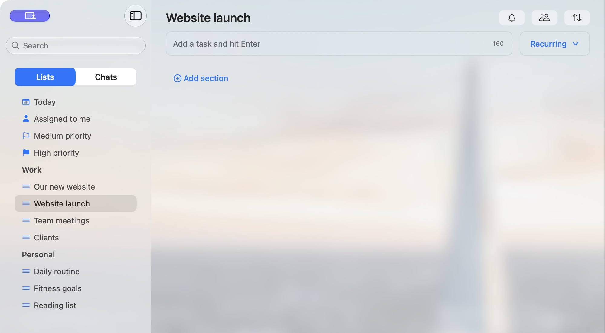 An empty Website launch list alongside the Work and Personal folders.