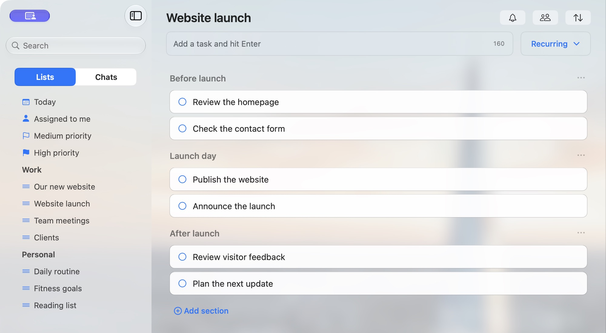 Work and Personal folders beside Website launch, organised into Before launch, Launch day and After launch.