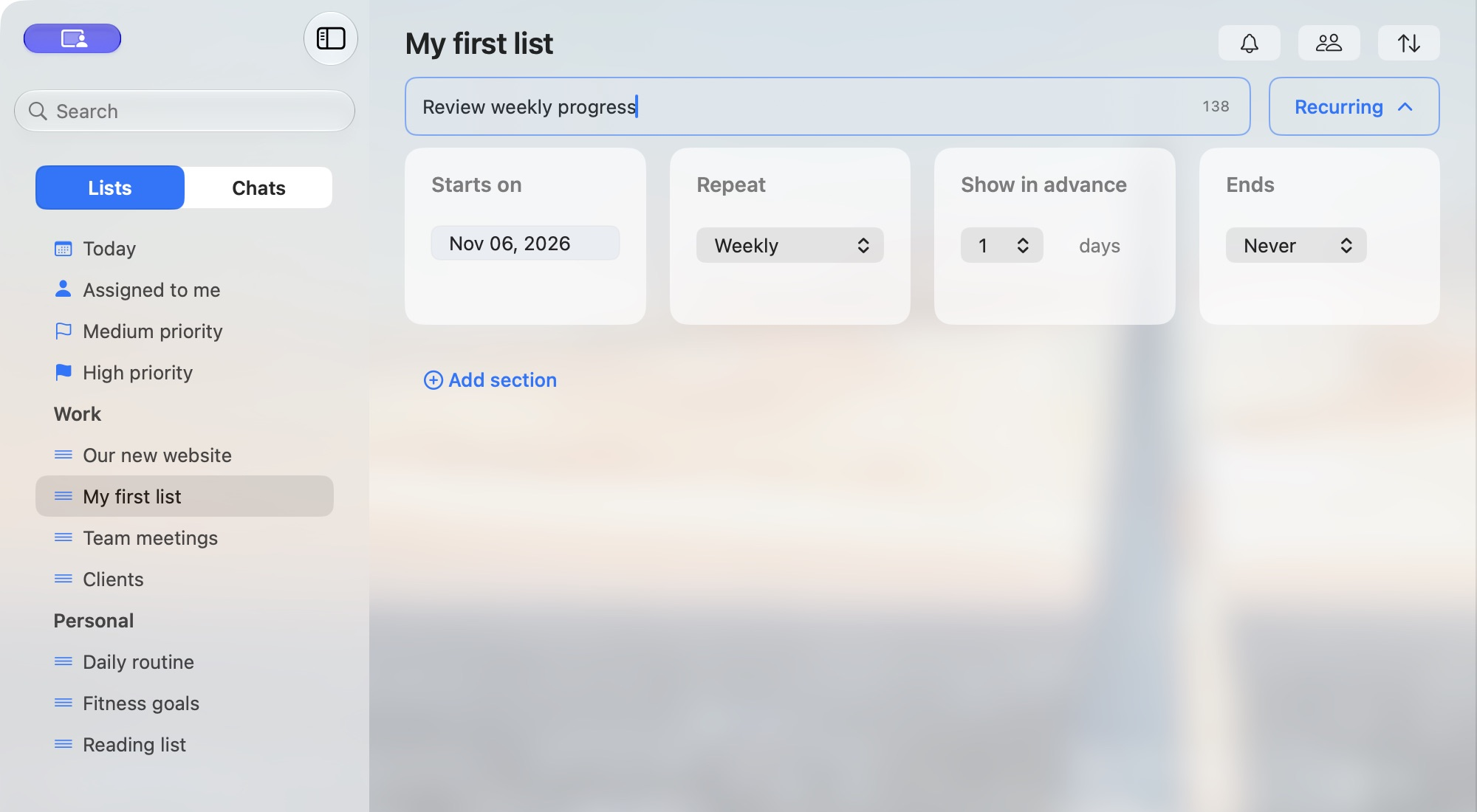 Review weekly progress with a first due date of 6 November 2026, Weekly, one day in advance and Never.