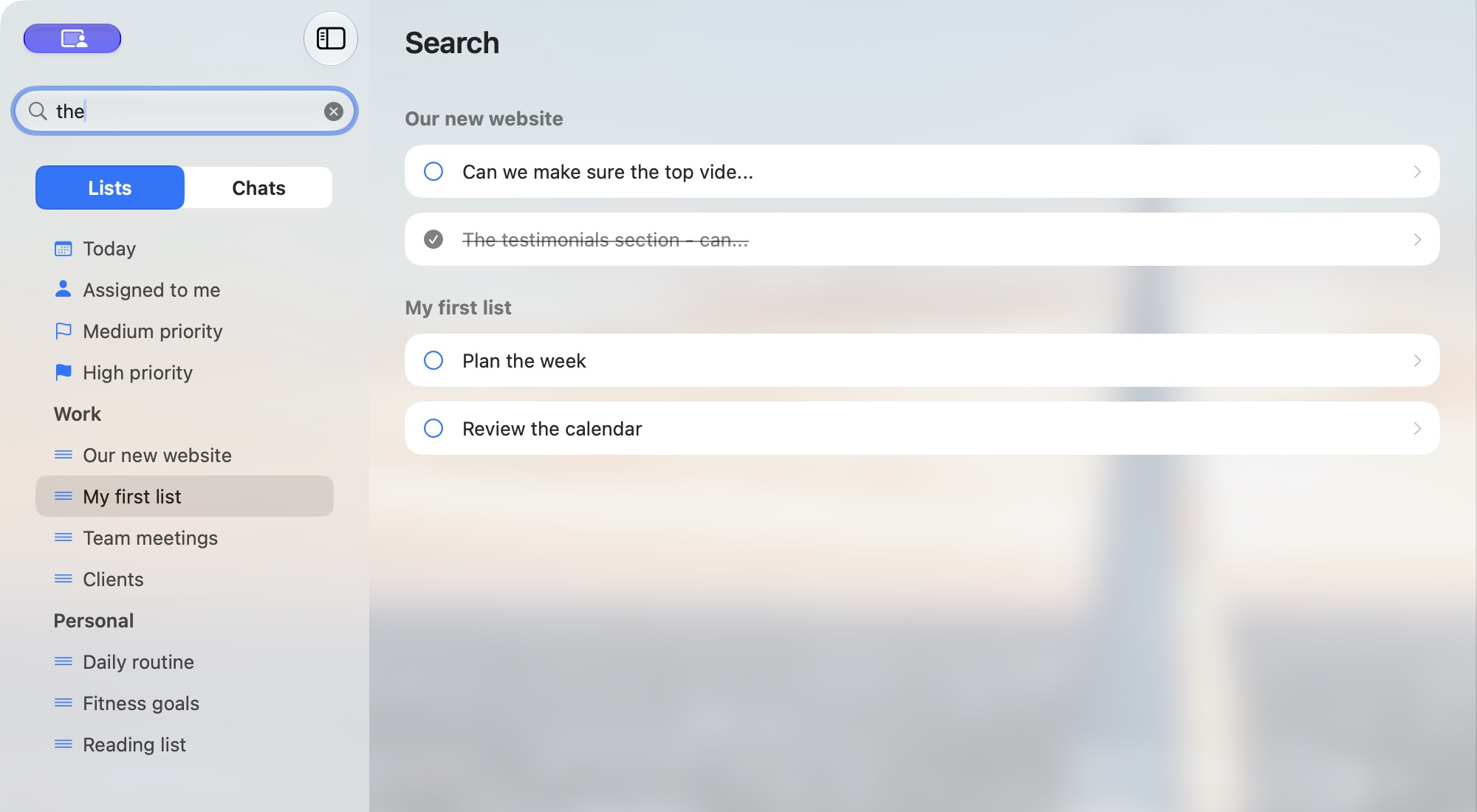 Sidebar Search containing the, with active and completed matches grouped by list.