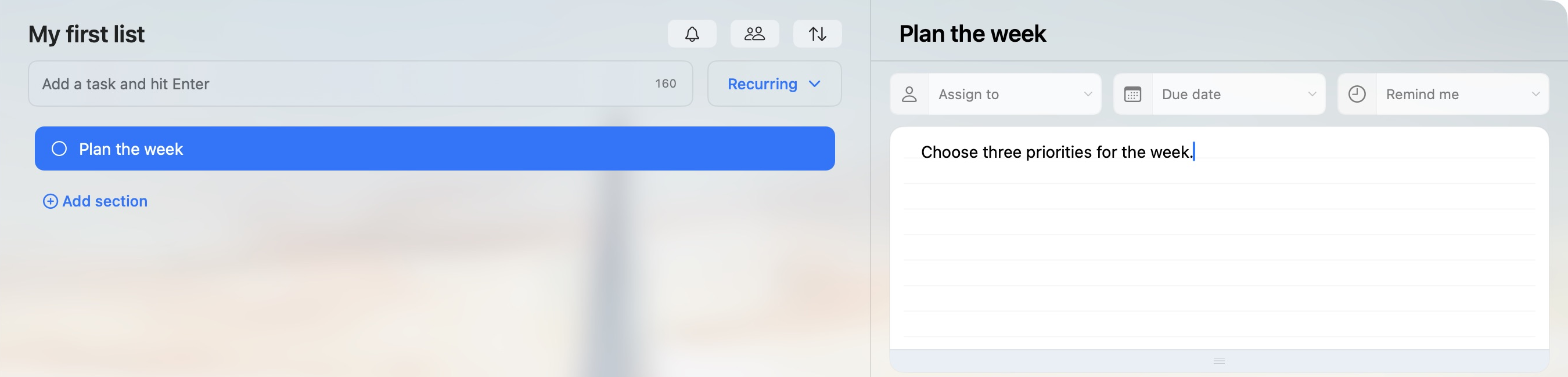 Plan the week selected in the middle pane, with Choose three priorities for the week entered in its notes on the right.