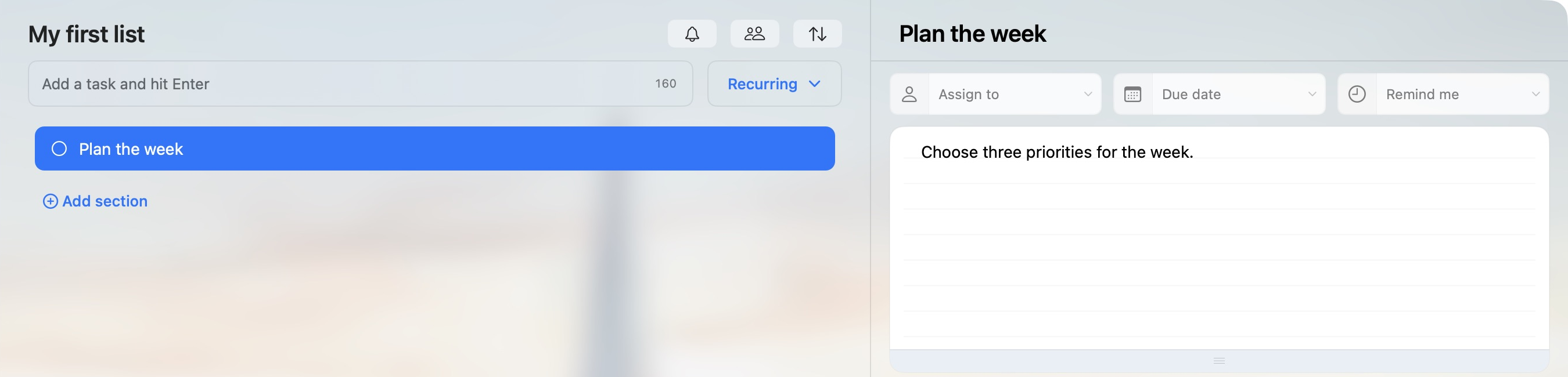 Plan the week back in the active list, with its note still visible in the details pane.