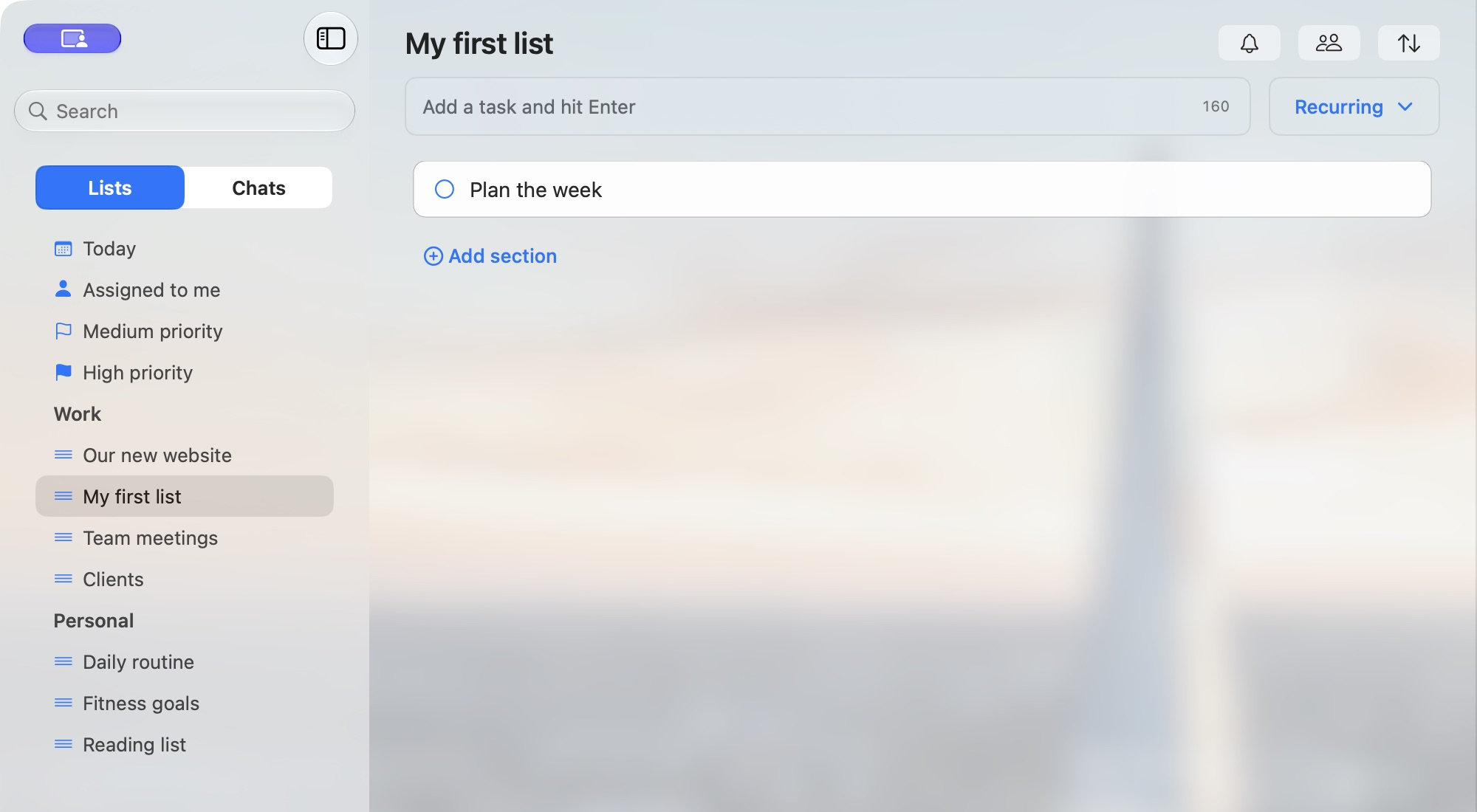 Plan the week appears as an active task in My first list.