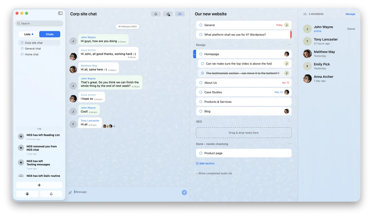 TaskPal team chat interface