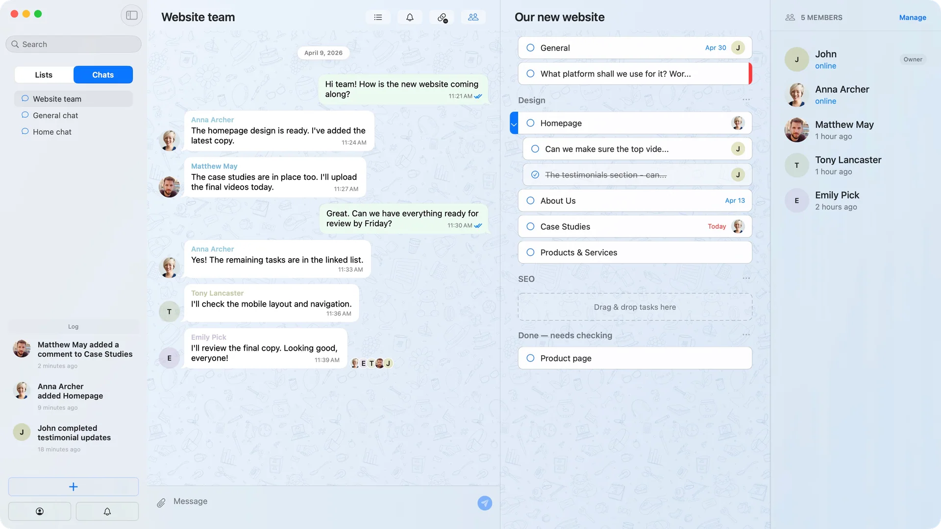 TaskPal team chat interface